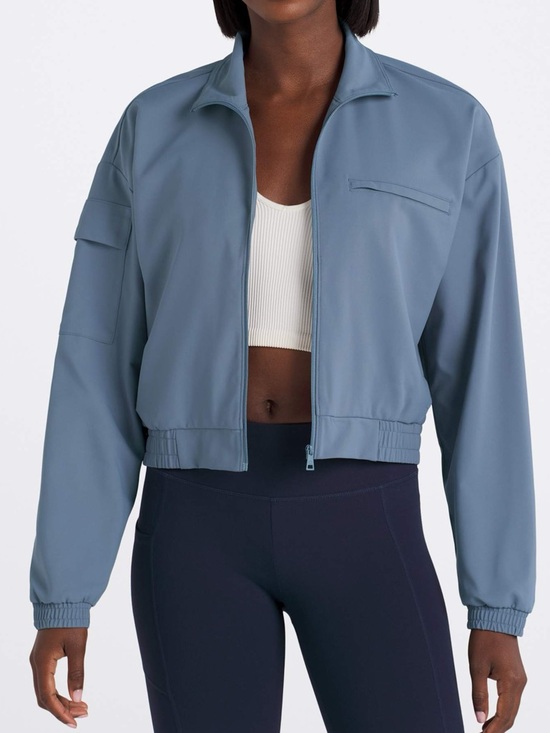 Beyond Yoga Jackets & Blazers - Beyond Yoga status pocket sleeve Slate Blue Zip-Front Bomber cropped Jacket M